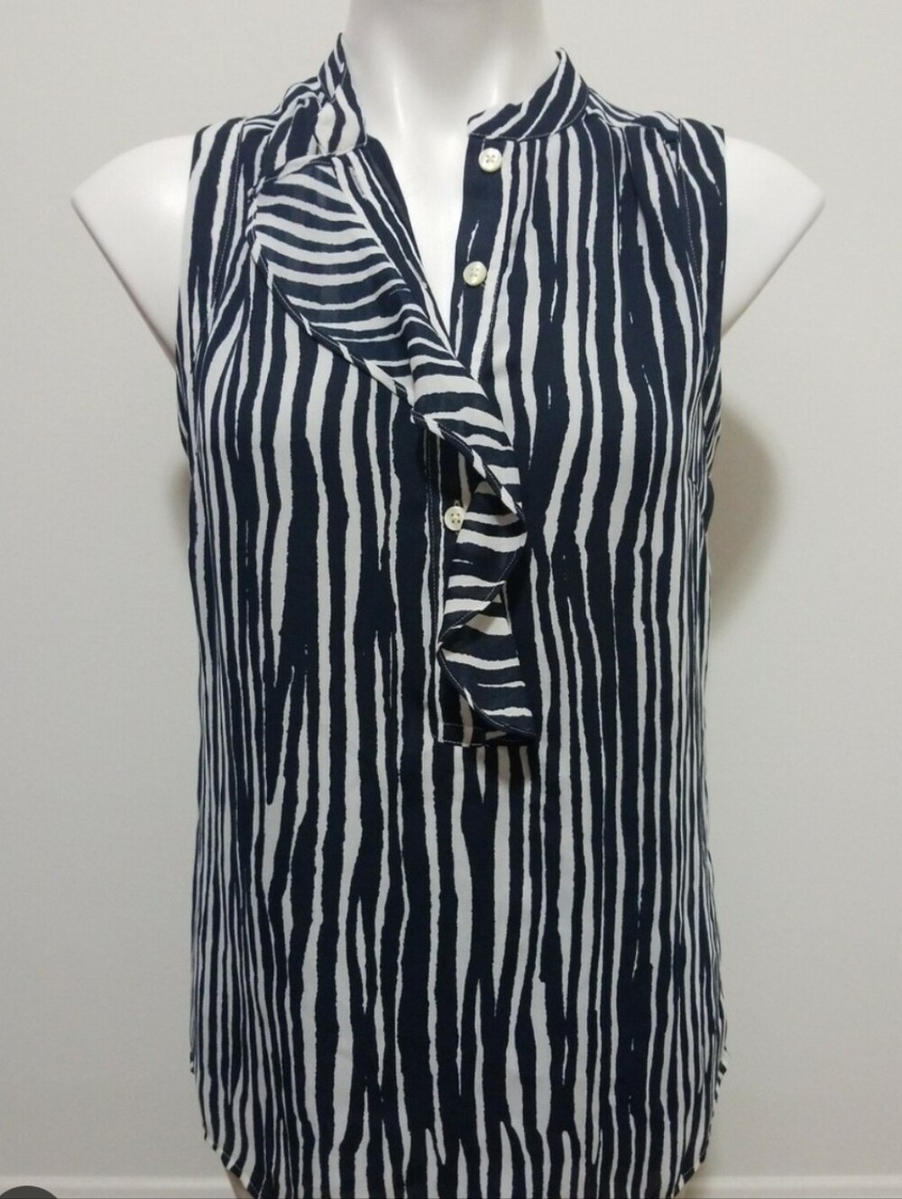 Ann Taylor Black & White Sleeveless Ruffle-Front Striped Blouse